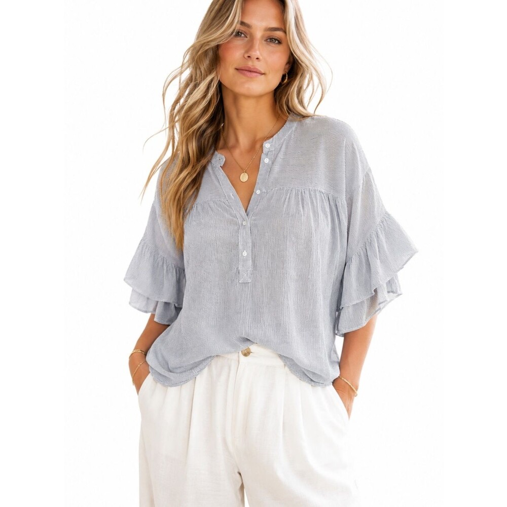 Anthropologie Mave Blue Striped Ruffle Sleeve Coastal Grandmother Top XS